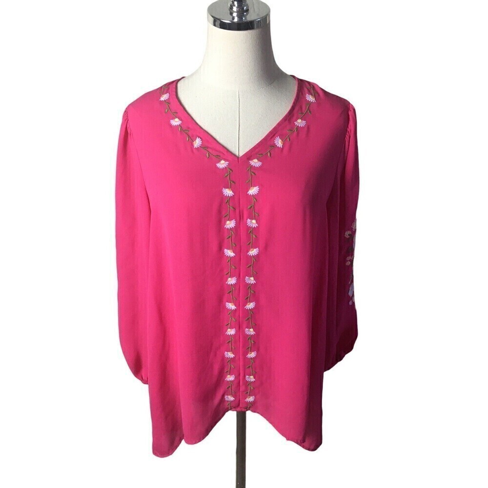 The Pioneer Woman Size Small Pink Top Heavily Embroidered Blouse Sheer Shirt